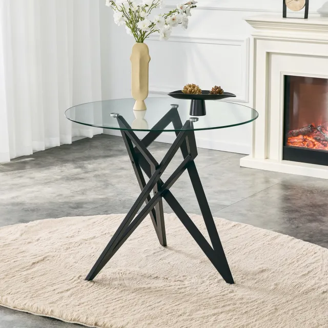 DESMIU Salontafel - Rond Gehard Glazen Tafelblad - Geometrisch Onderstel Voor Woonkamer - Metaal - Diameter 85 Cm - Zwart