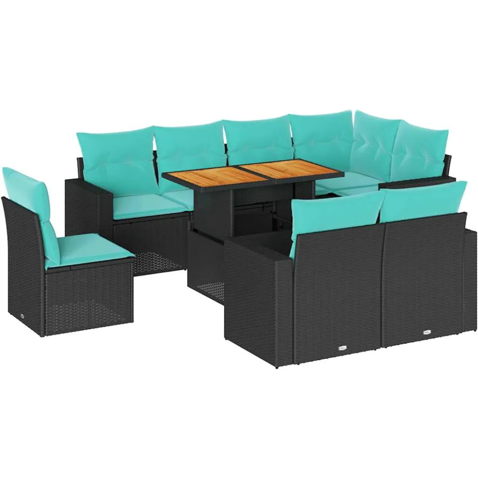 vidaXL 9-delige Loungeset met kussens poly rattan zwart, foto 3