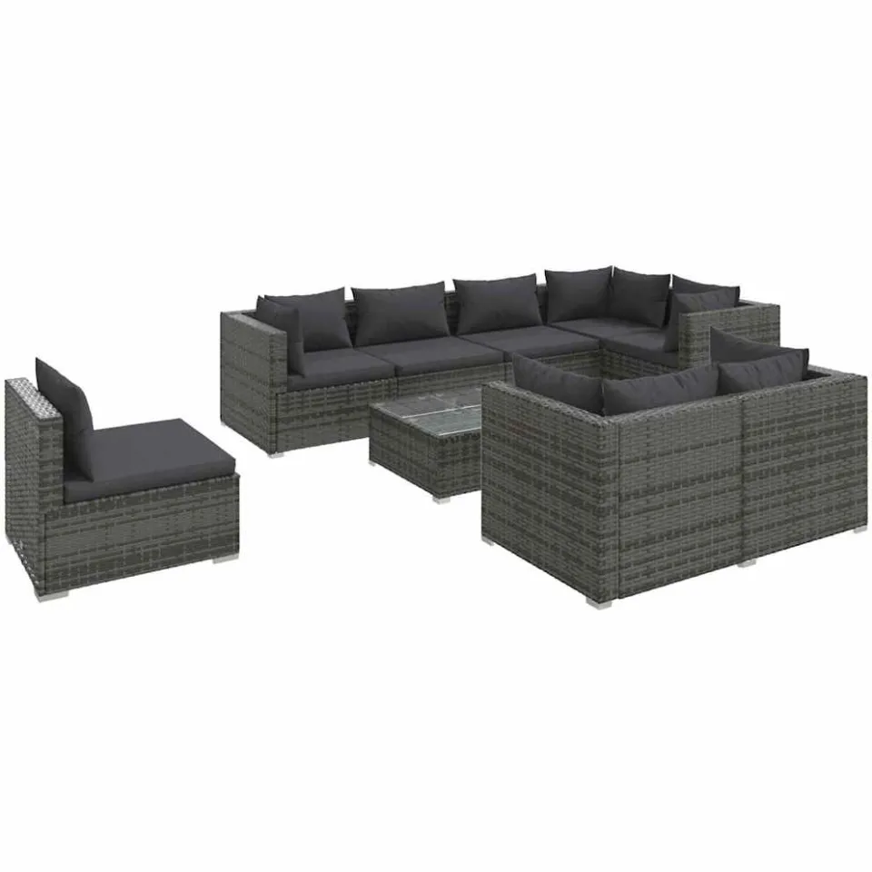 vidaXL 9-delige Loungeset met kussens poly rattan grijs
