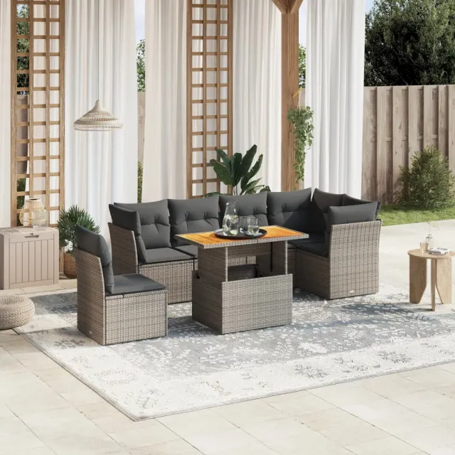 vidaXL 7-delige Loungeset met kussens poly rattan grijs, foto 2