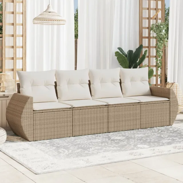 vidaXL 4-delige Loungeset met kussens poly rattan beige, foto 2