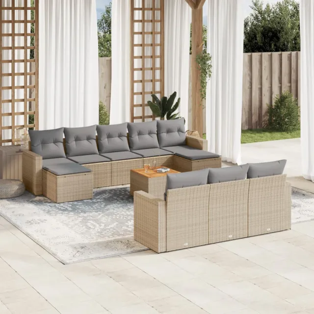 vidaXL 11-delige Loungeset met kussens poly rattan gemengd beige, foto 2