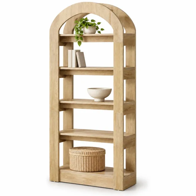 DMG Supply Boekenkast met Boog - Open Kast - Boekenrek met 5 Niveaus - Japandi - Lichtbruin - 80 x 30 x 180 cm
