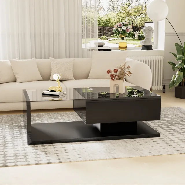 Wishdor Salontafel 105x55x32,5 cm van spaanplaat en gehard glas, hoogglans zwart met 16-kleurige LED