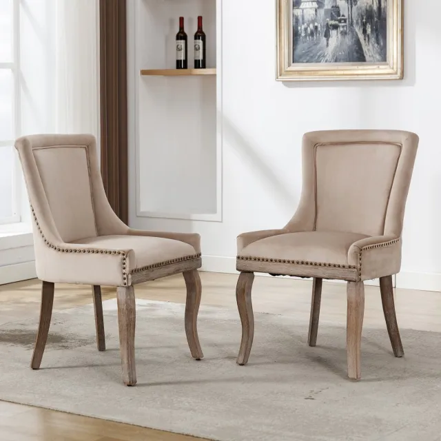 MIVRAY Eetkamerstoel 61x91 Cm - Fluwelen Bekleding Met Siernagels - Comfortabele Zitting Voor Eetkamer En Woonkamer - Beige