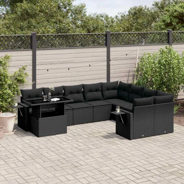 vidaXL 10-delige Loungeset met kussens poly rattan zwart, foto 2