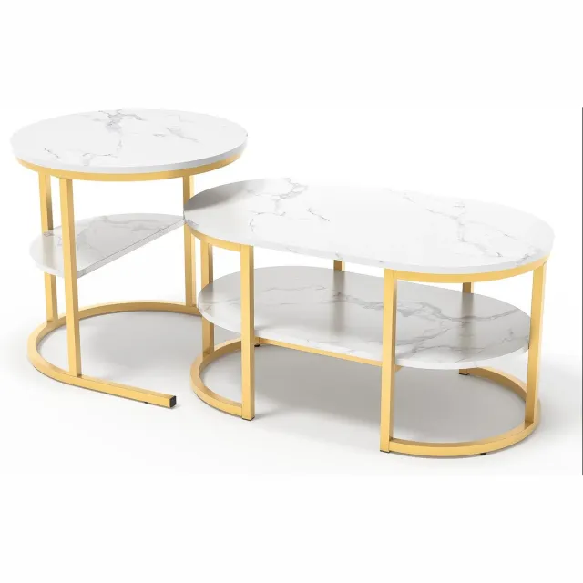 Lamor Salontafel Set - Salontafels - Tafel - Tafels - MDF Tafelblad - 52 x 52 x 51cm - Modern Design - Woonkamer - Goud - Marmer Goud Marmer