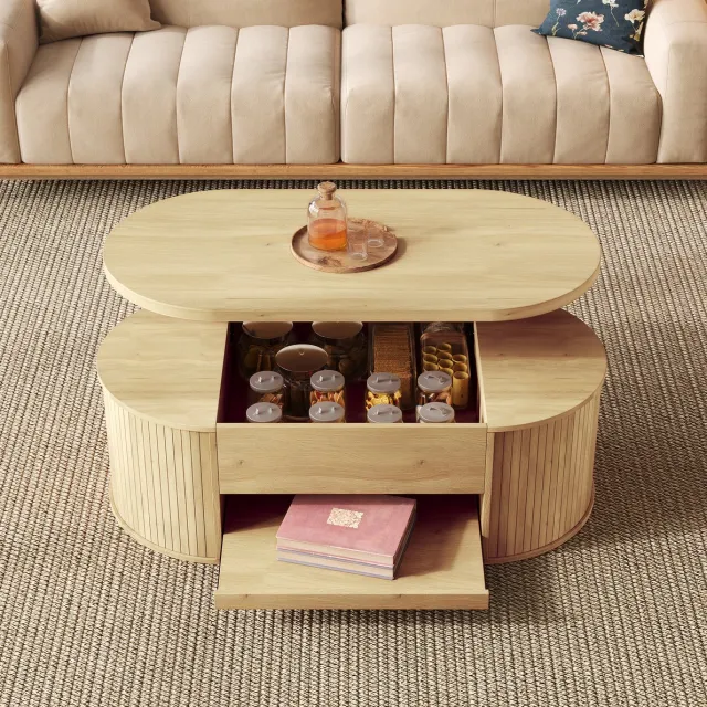 MEUNIQ Salontafel 110 x 55,5 x 40 cm met verstelbaar tafelblad, verborgen opbergruimte en uitschuifbare plank voor woonkamer, naturel Natuurlijk