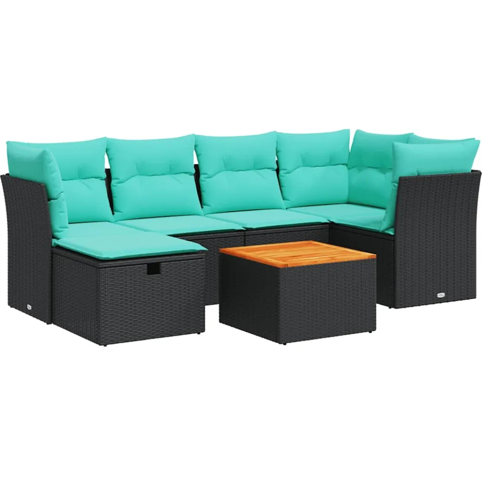 vidaXL 7-delige Loungeset met kussens poly rattan zwart, foto 3