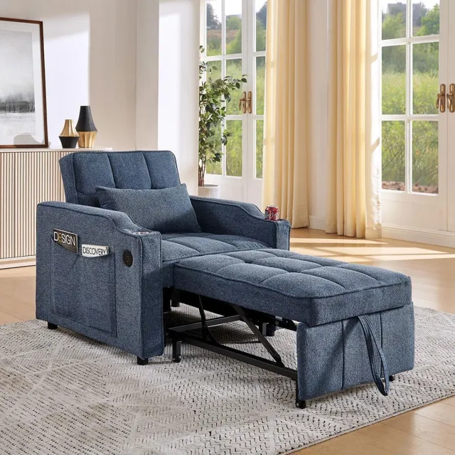 KOMHTOM BLACKCOLORS Minimalistische 3-in-1 slaapbank, groot en elegant, luxe en luchtige stijl, uitschuifbaar ontwerp, USB-oplaadfunctie, perfect voor een dutje, marineblauw