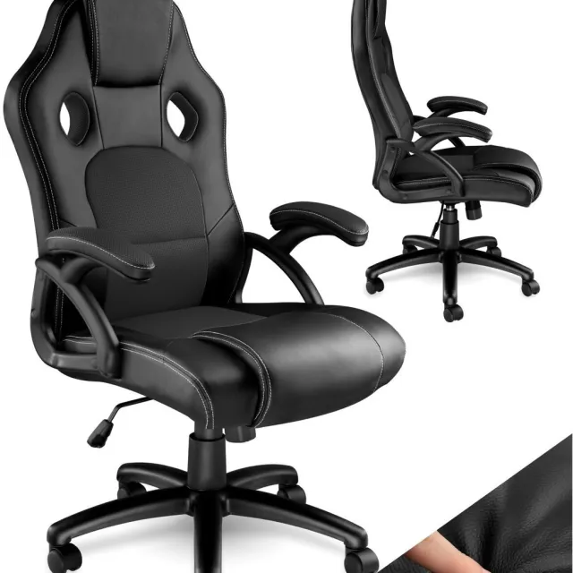 Tectake Racing bureaustoel - Gamingstoel met schommelfunctie - Ergonomische directiestoel - In hoogte verstelbare, draaibare stoel met wielen - PC-Stoel - Gamestoel - Maximale belasting 120 KG - Afmeting (LxBxH) 65x66x111,5 cm-121,5 cm - Zwart/zwart