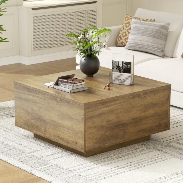 FABATO Hoekige salontafel met liftfunctie-Houten salontafel met opbergruimte-Landhuisdesign met verborgen opbergvak-Tafel met hefbaar blad voor woonkamer en thuiskantoor-Eiken