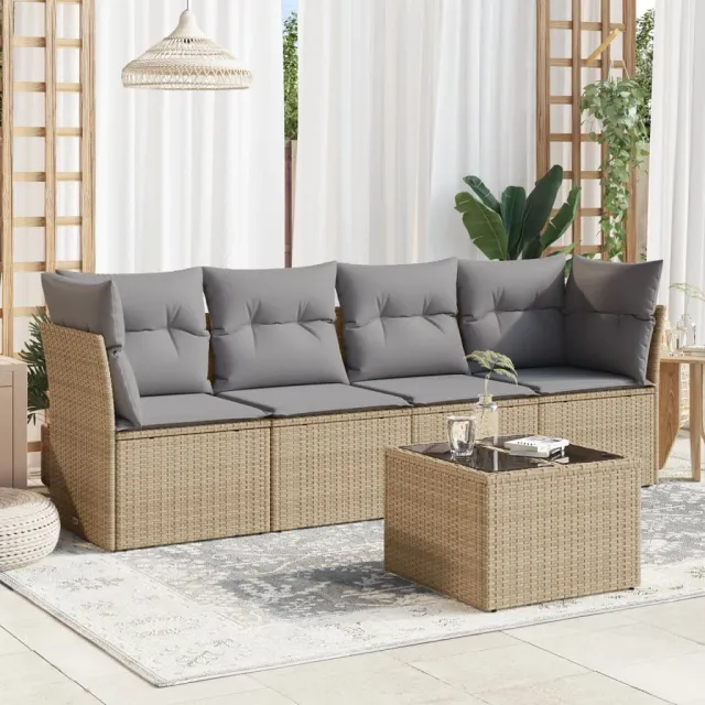 vidaXL 5-delige Loungeset met kussens poly rattan beige, foto 2
