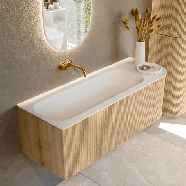 Mondiaz KURVE 125 cm Onderkast Greeploos 1 Lade Met Deuren Oak, Wastafel Solid Surface Links Talc 0 Kraangaten Zonder Spiegel (KRVBGM125R1L1D0KL-Oak/Tal)