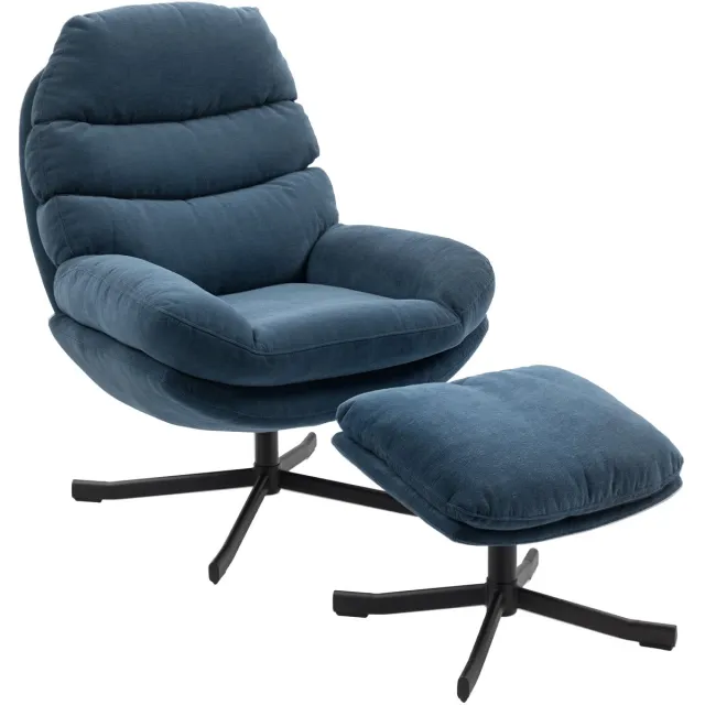 Homona Relaxfauteuil met voetenbank - 360° draaibaar - Met chenille bekleding en stalen frame - 78 x 93 x 100 cm - Blauw