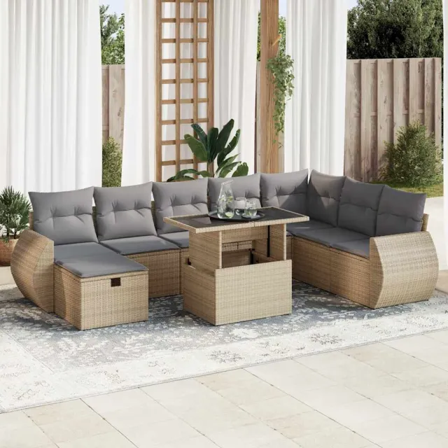 vidaXL 9-delige Loungeset met kussens poly rattan beige, foto 2