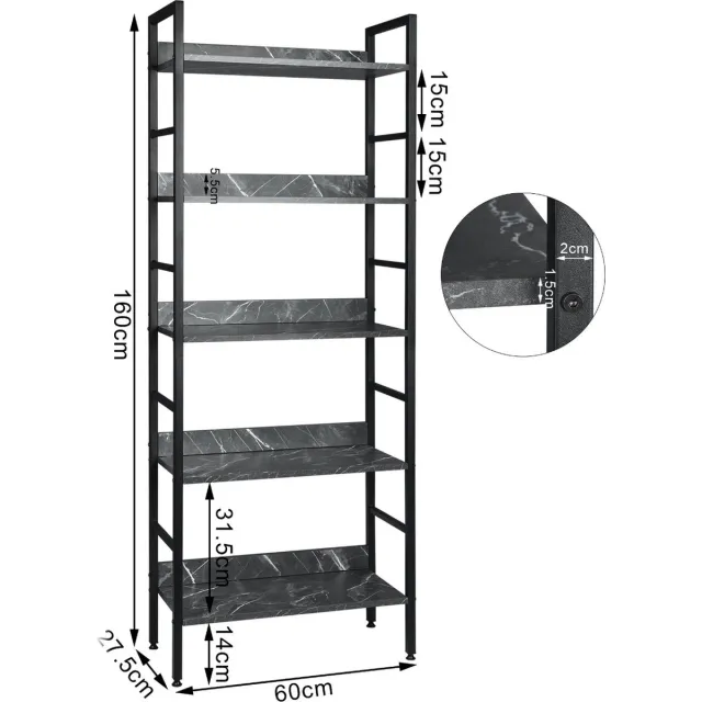 Bolt Edge Boekenkast - Industrieel - Zwart/Grijs - Marble look - 5 lagen - 60x27.5x160cm