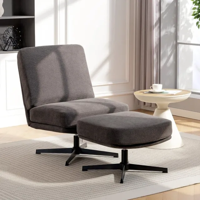 MODENUIT Fauteuil 91 x 68 x 93 cm - 360 Graden Draaibaar Met Hocker - Woonkamer - Stof En Staal - Donkergrijs