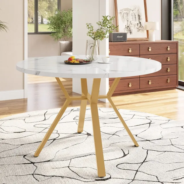 OKWISH Eettafel Rond - Marmerlook Tafelblad - Voor Eethoek Woonkamer - MDF Wit Met Goudkleurig Staal - Diameter 100 Cm