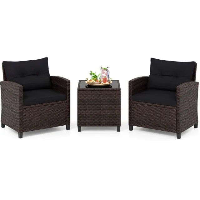 Costway 3-delige set rotan tuinmeubelen, polyrotan zitgroep, 2 stoelen & 1 bijzettafel, balkonmeubel, bistroset, tuingarnituur, tuinlounge tuinset incl. glasplaat & zitkussen, bruin