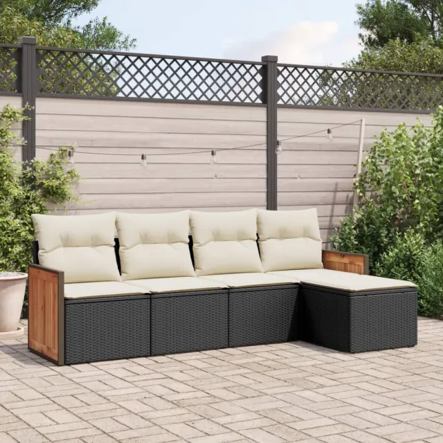 vidaXL 5-delige Loungeset met kussens poly rattan zwart, foto 2