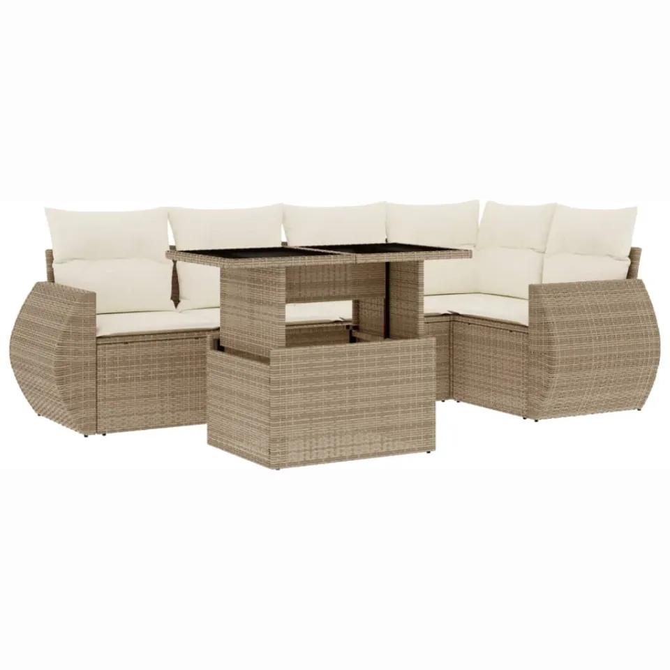 vidaXL 6-delige Loungeset met kussens poly rattan beige, foto 3