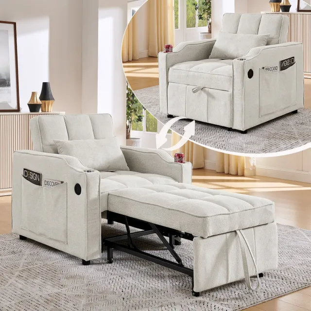 Wishdor Slaapbank - 3-In-1 En Uitschuifbaar Met USB-Oplaadpunten - Minimalistisch - Hout En Stof - Beige