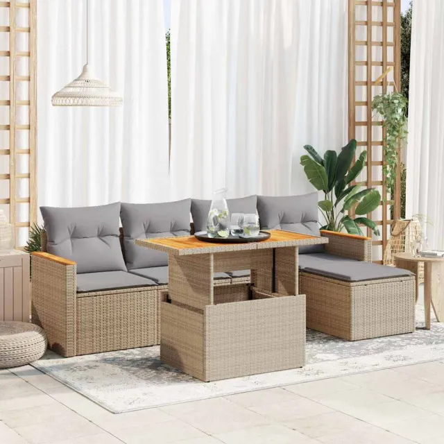 vidaXL 6-delige Loungeset met kussens poly rattan acacia beige, foto 2