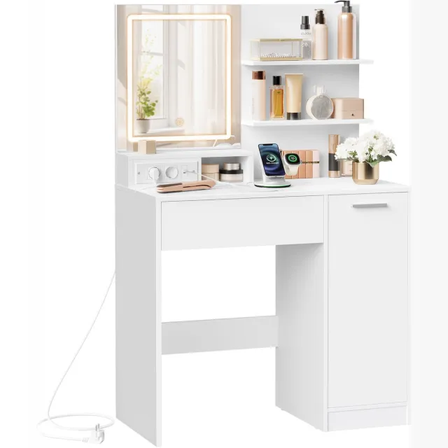 Conway Living Kaptafel met LED Spiegel en Stopcontact - Make-up Tafel met Lade, Kast en Planken - 40x80x132 cm - Wit