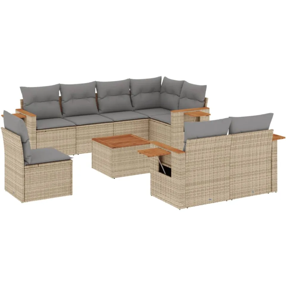 vidaXL 9-delige Loungeset met kussens poly rattan beige