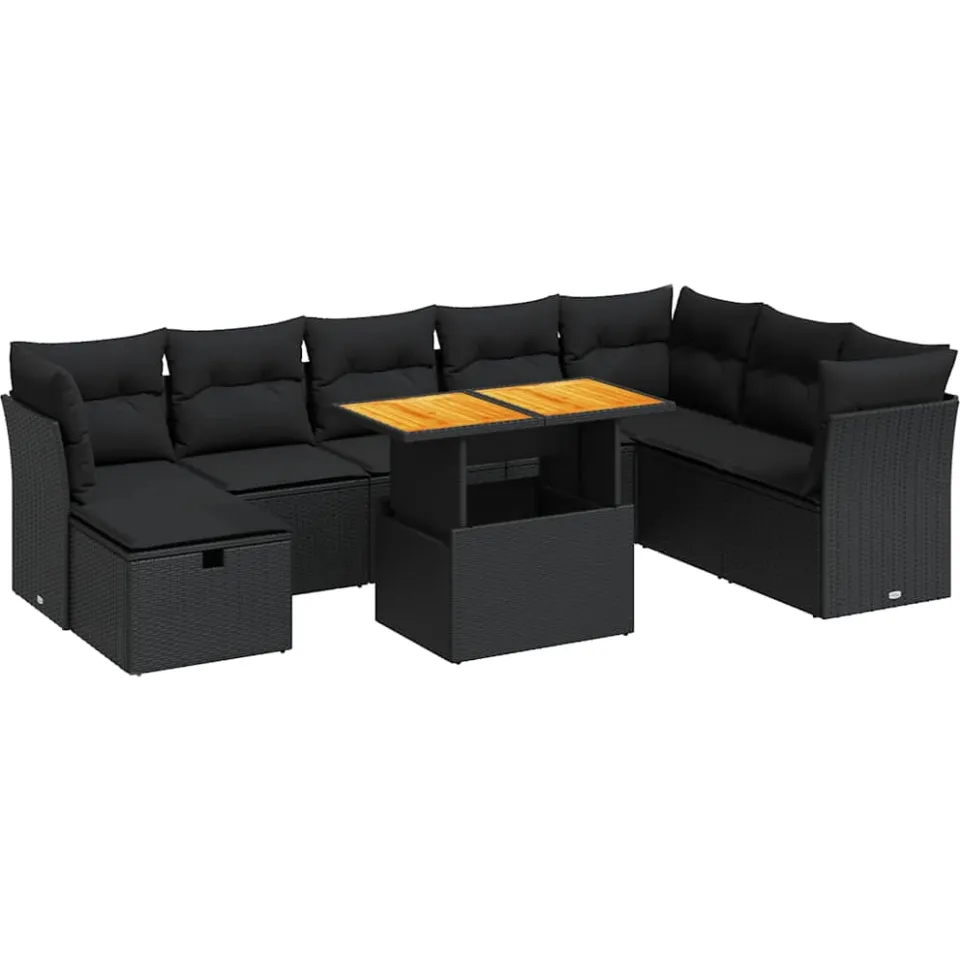 vidaXL 9-delige Loungeset met kussens poly rattan acacia zwart, foto 3