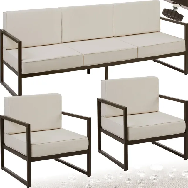 Tectake Tuinset Comosa - Loungeset voor 5 personen - Tuinbank - Loungebank en Twee Loungestoelen - Tuinstoelen met Waterafstotende en Ultradikke Kussens - Draagkracht 117 kg per Zitplaats - Bruin/Beige Loungebank en 2 stoelen