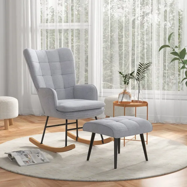 MIVRAY Schommelstoel 64 x 89 x 90 cm - Met Hocker En Armleuningen - Voor Woonkamer En Kinderkamer - Stof Hout Metaal Lichtgrijs