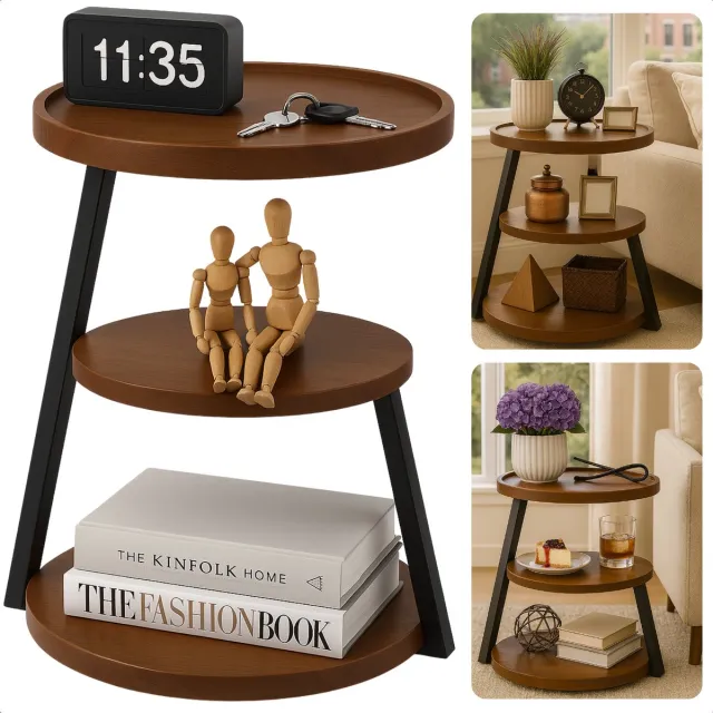 Cheqo Moderne Bijzettafel - Bijzet Tafel - Bruin Bijzettafeltje - Zwart Metalen Frame - MDF Plateau - Opstaande Rand - Stelpootjes - Ronde Bijzettafel - Industriële Stijl - Woonkamer Tafel - Compacte Bijzettafel Multi