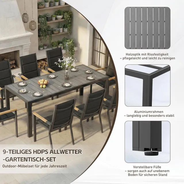 Laura Tuinmeubelset 8 Personen 189x80x72 cm – Luxe Aluminium Tuinset met 8 Stapelstoelen Houtlook en Weerbestendige Tuintafel – Donkergrijs – Laura