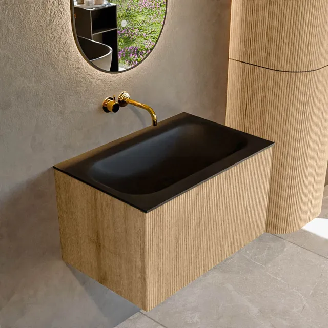 Mondiaz KURVE-DLUX 70 cm Onderkast Greeploos 1 Lade Zonder Deuren Oak, Wastafel Solid Surface Volledig Lava 0 Kraangaten Zonder Spiegel (KRVBGS701L0D0KM-Oak/Lav)