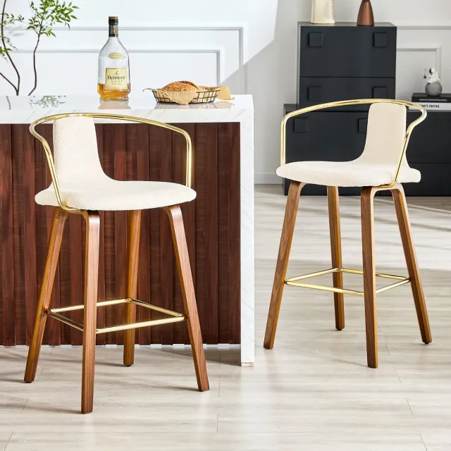 KOMHTOM Set van 2 barkrukken - Armleuningen - Teddystof/PU-leer - Houten poten - Metalen voetsteun - Moderne Scandinavische stijl Wit
