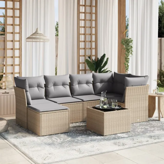 vidaXL 7-delige Loungeset met kussens poly rattan gemengd beige, foto 2