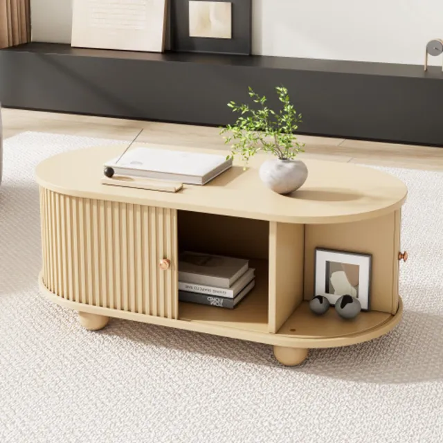 Lemlit Ovale Salontafel - Koffietafel en Bijzettafel met Opbergruimte en Schuifdeuren - 100x50x40 cm - Woonkamer Ruimtebesparend MDF - Houtkleur