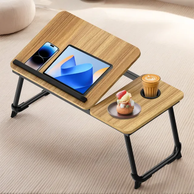 Soontrans Laptoptafel - Opvouwbaar Bedtafel - Banktafel - In 5 Standen Laptoptafel Verstelbaar - 63x27x33cm Laptoptafeltje Hout - Laptopstandaard - Ontbijttafel - Ontbijt op Bed Met Bekerhouder, Walnoot Walnoot-005