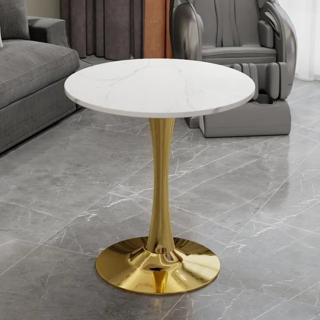 Wishdor Ronde Bijzettafel En Salontafel - Met Hoge Poten En Strakke Lijnen - Modern Minimalistisch Ontwerp - Voor Woonkamer - Tafelblad Van Kunstmarmer - Goud Wit - Geschikt Voor Drankjes En Boeken Goudkleurig wit