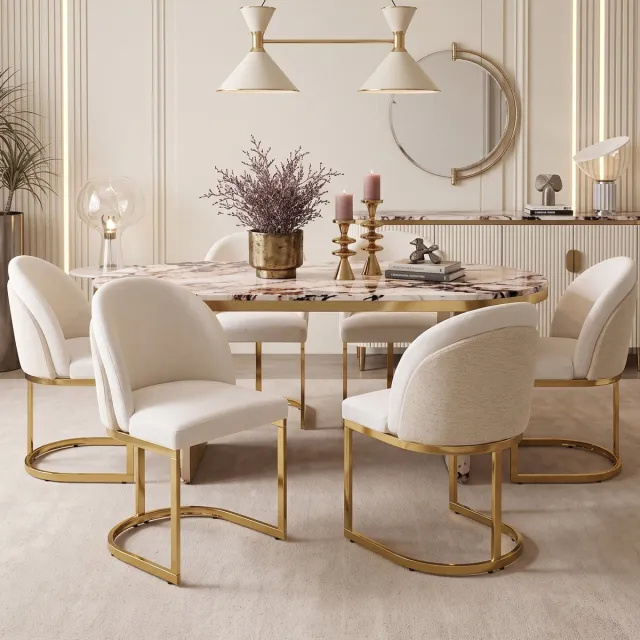 REDOM Eetkamerstoel set van 6 - Dubbele rugleuning - Chenille bekleding - Metalen buisframe - Modern - Beige en goud - 59 x 52 x 85 cm