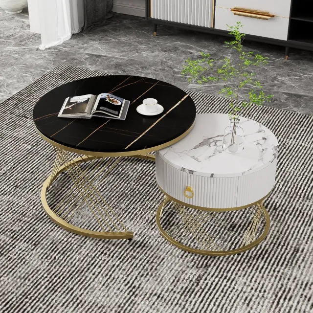 MODENUIT Salontafelset - Nestbare Tafels Met Lade - Voor Woonkamer En Flexibel Gebruik - MDF Zwart - 70x70x45 Cm Wit