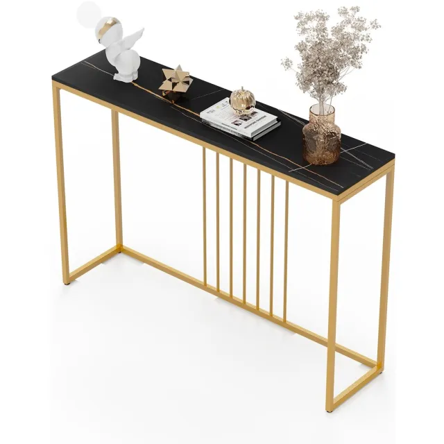 Mila Shop Bijzettafels - Bijzettafels woonkamer - Sidetable - Consoletafel - Haltafel - Wandtafel - Muurtafel - Zwart marmer blad - 120x78,5x30cm Goud