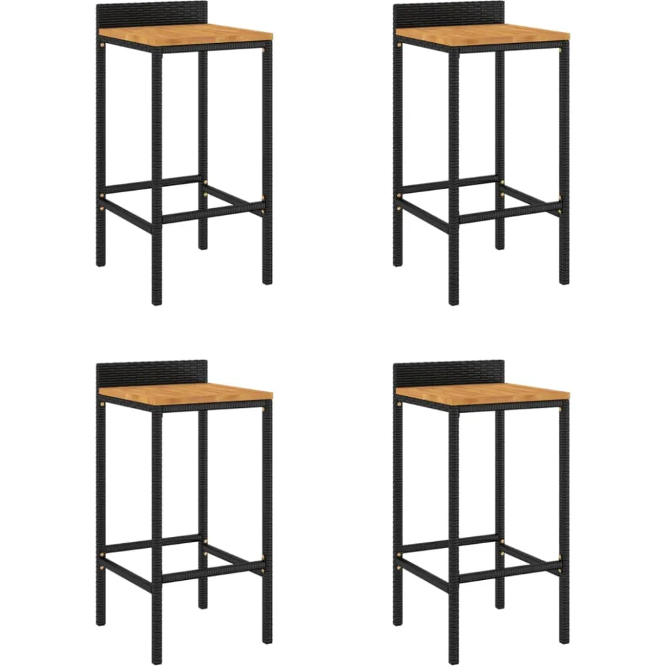 vidaXL Barkrukken 4 st poly rattan en massief acaciahout zwart