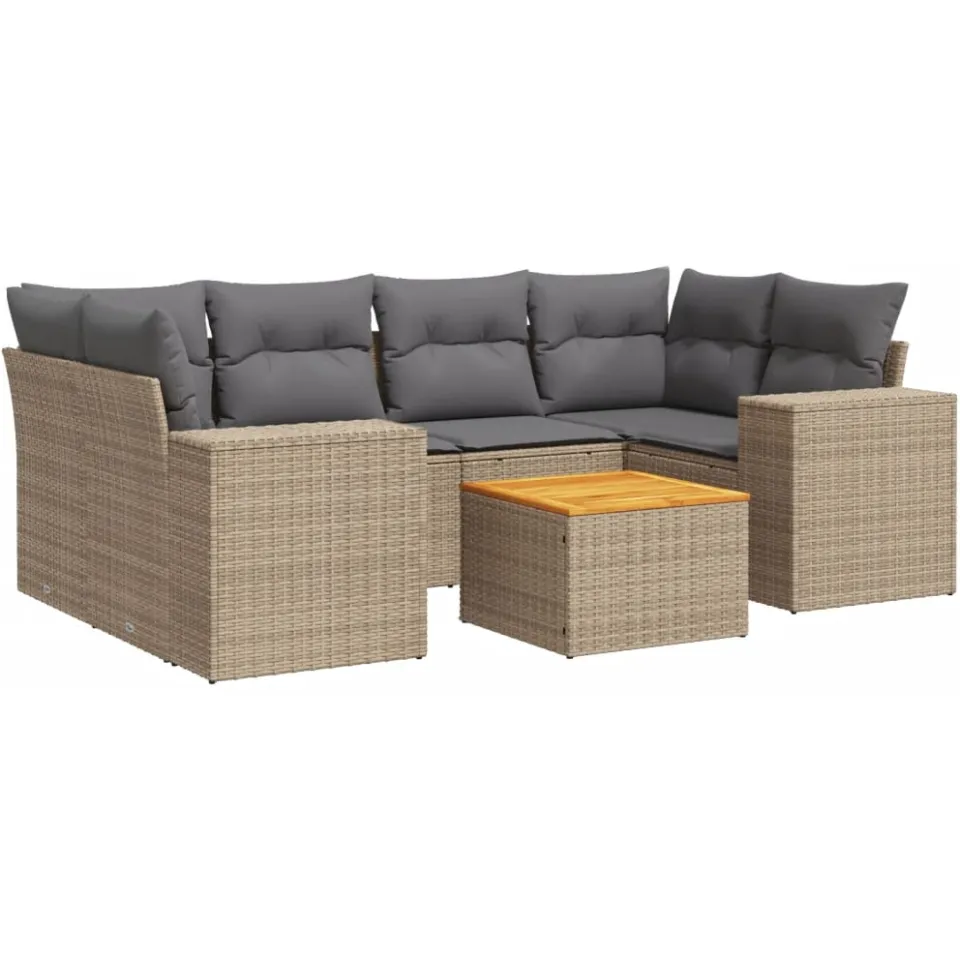 vidaXL 7-delige Loungeset met kussens poly rattan beige, foto 3