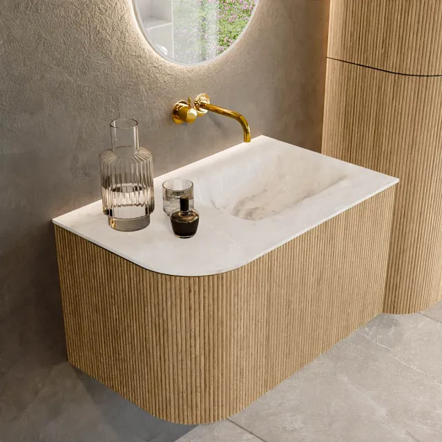 Mondiaz KURVE-DLUX 75 cm Onderkast Greeploos 1 Lade Met Deuren Oak, Wastafel Solid Surface Rechts Frappe 0 Kraangaten Zonder Spiegel (KRVGRU75L1L1D0KR-Oak/Fra)