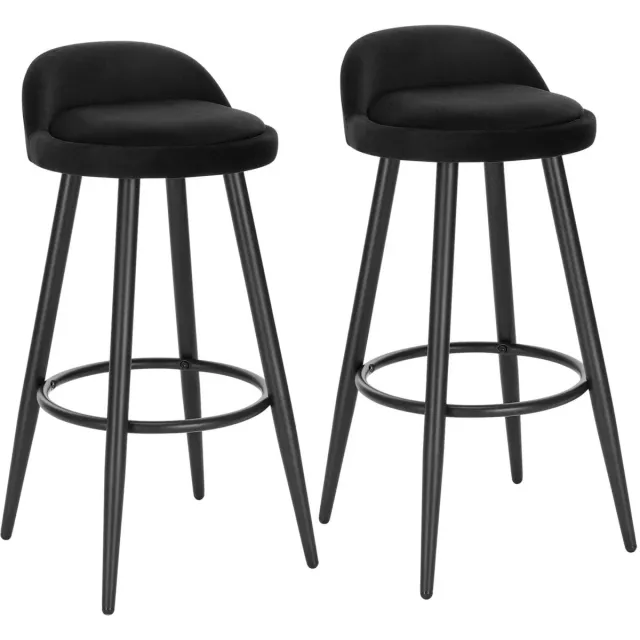 Klarven Barkrukken Fluweel zwart - Barkrukken Set van 2 - Barkrukken met Rugleuning - Bar Stool - Voetsteun, Draagvermogen 120 kg - B75xd40xh25cm