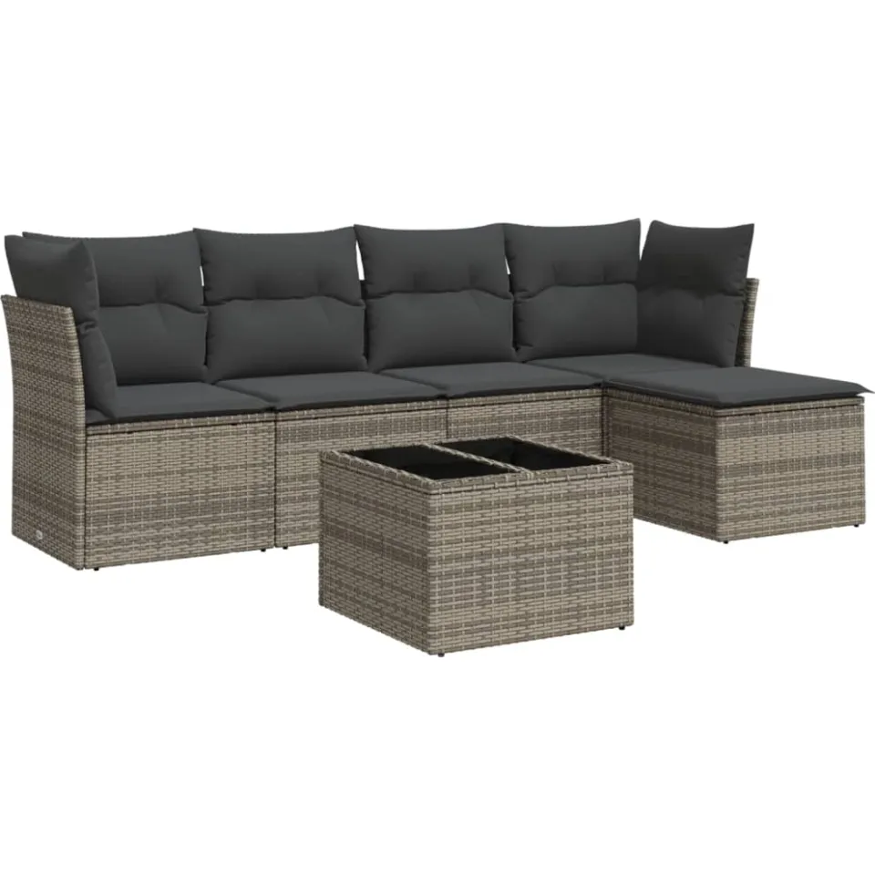 vidaXL 6-delige Loungeset met kussens poly rattan grijs, foto 3