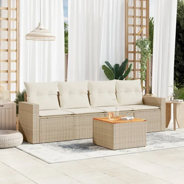vidaXL 5-delige Loungeset met kussens poly rattan beige, foto 2